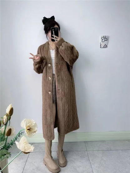 Thickened Faux Fur Mink Cardigan with V-Neck and Buttons Loose and Simple