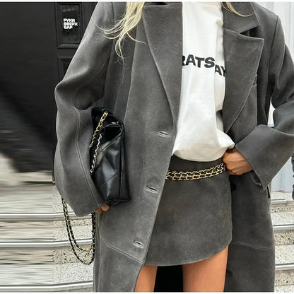 Women's Grey Leather Long Coat with Turndown Collar