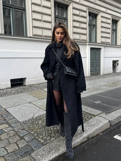 Women's Black Long Wool Coat with Belt and Lapel