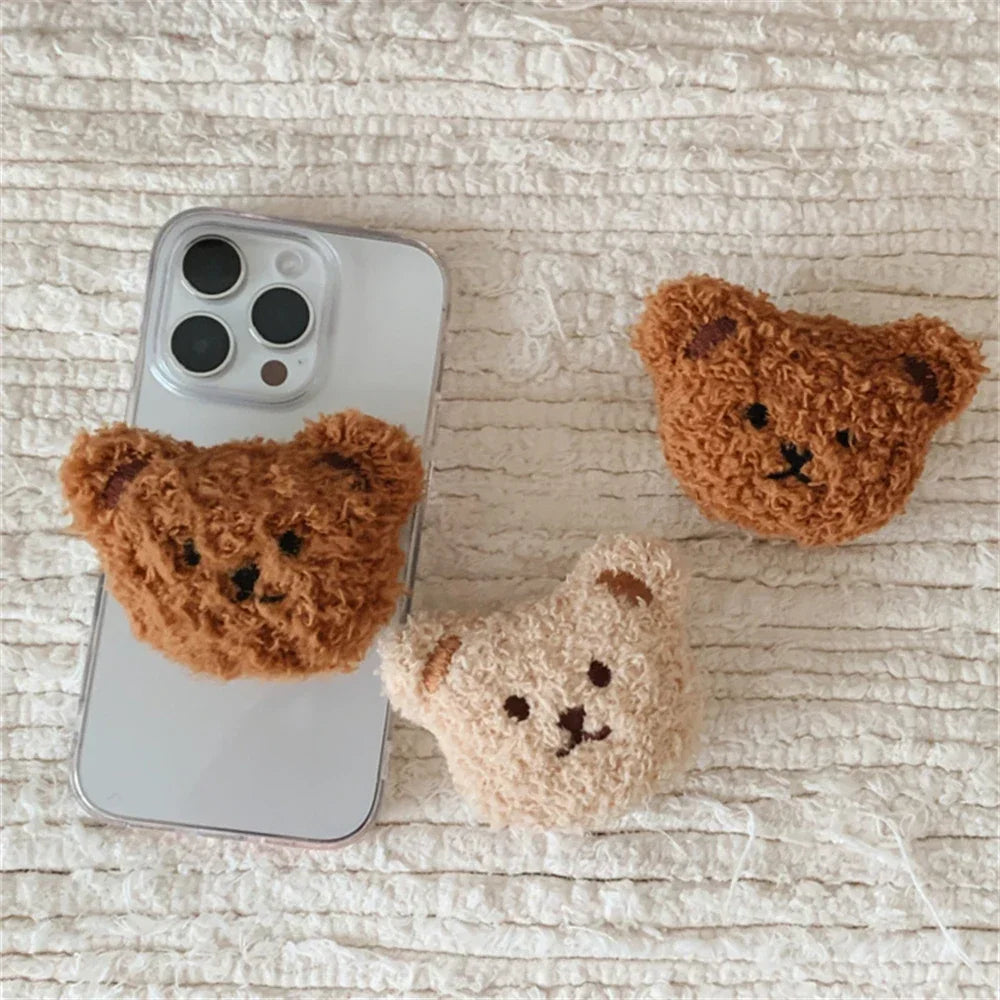 Korean Cute Warm Fluffy Bear Plysch Griptok-fäste för IPhone 16 Plus Universal Telefonhållare Finger Ring Support Stand Grip Tok