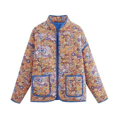 Floral Print Quilted Jacket with Stand Collar and Pockets Chic and Warm