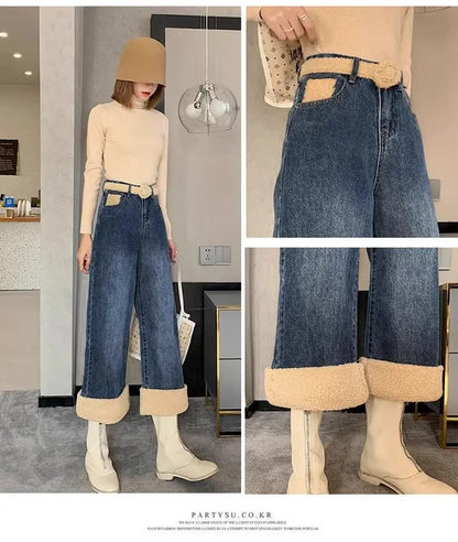 Lammull Jeans med vida ben för kvinnor Fluffiga höst och vinter Nya stilar Internet Berömda outfit Beskurna byxor med raka ben Trendigt