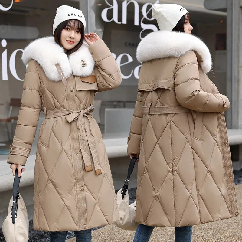 Slim Long Fur Collar Parka Coat Elegant and Warm