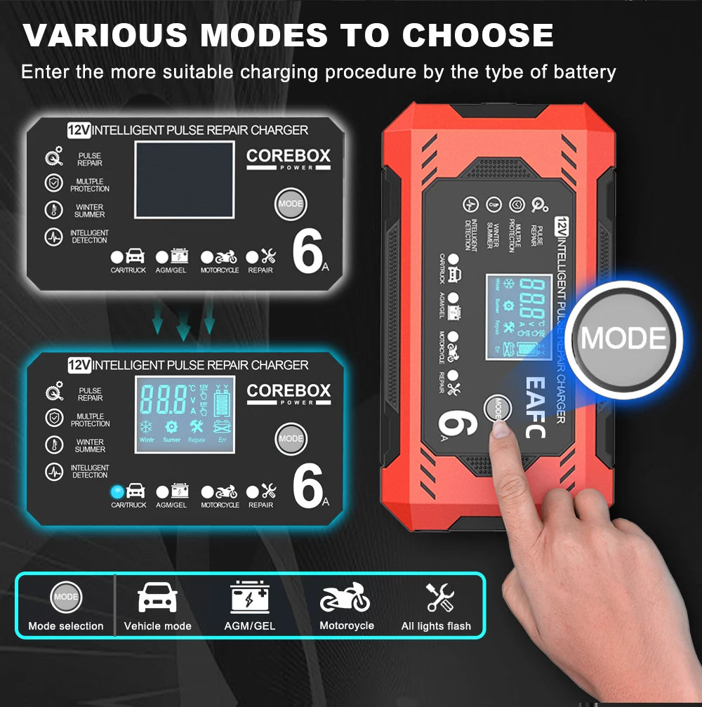 Bilbatteriladdare 6A 12V Bil- och motorcykelbatteriladdare Blybatteri Smart Repair LCD-skärm