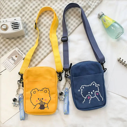 Women Canvas Small Bag – Cartoon Bear Design, Crossbody Shoulder Bags, Ladies Purse, Phone Bag, Handbags.