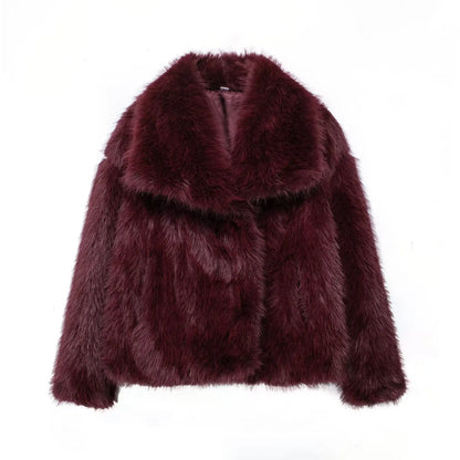 Cropped Faux Fur Jacket with Lapel Collar and Snap Buttons Chic and Warm