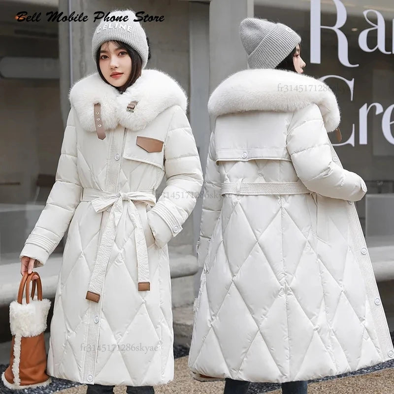 Slim Long Fur Collar Parka Coat Elegant and Warm