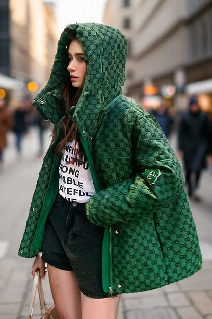 Hooded Green Printed Jacket with Zippers Chic Casual