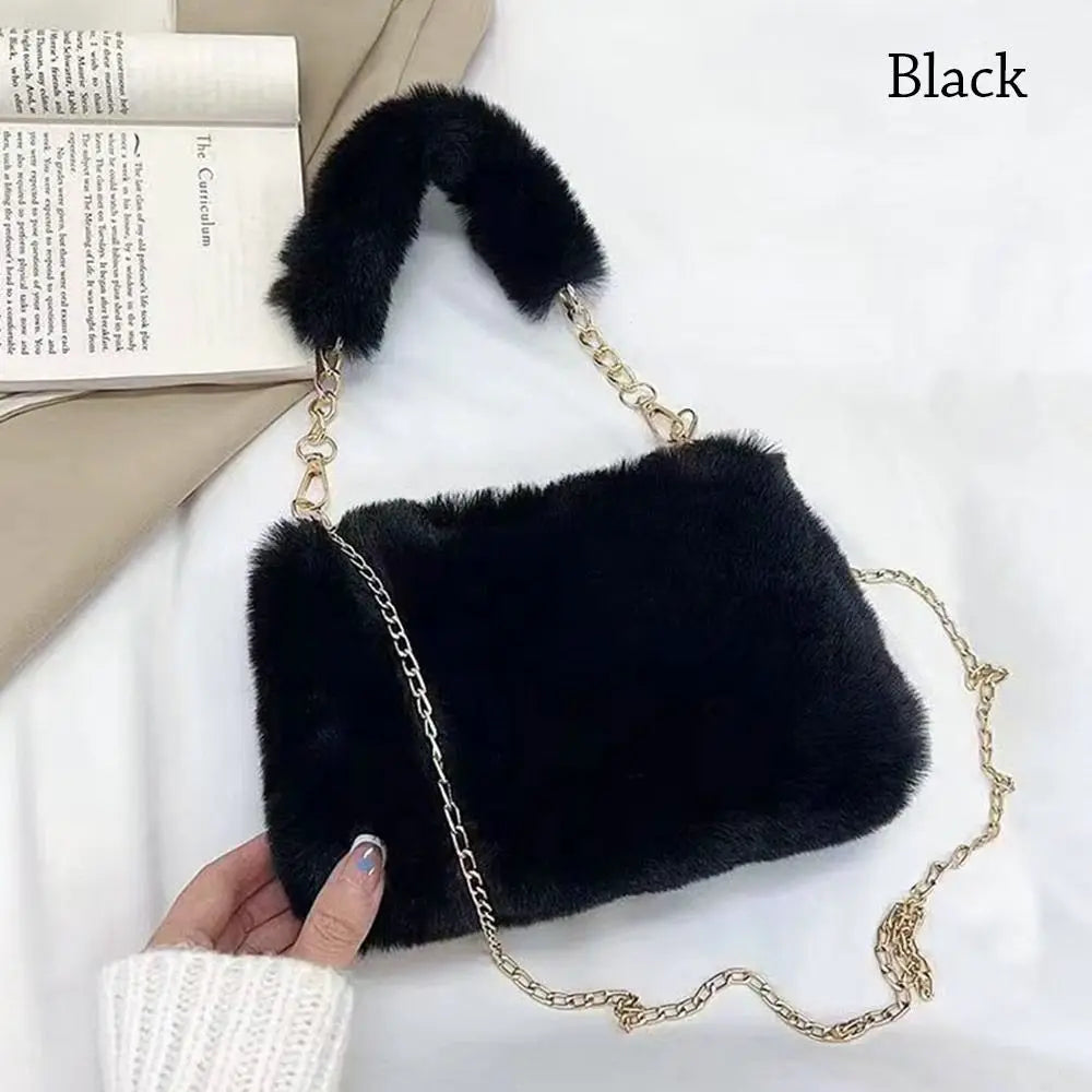 Fashion Women Fluffy Shoulder Bag – Winter Chain Underarm Bag med mjukt plyschhandtag