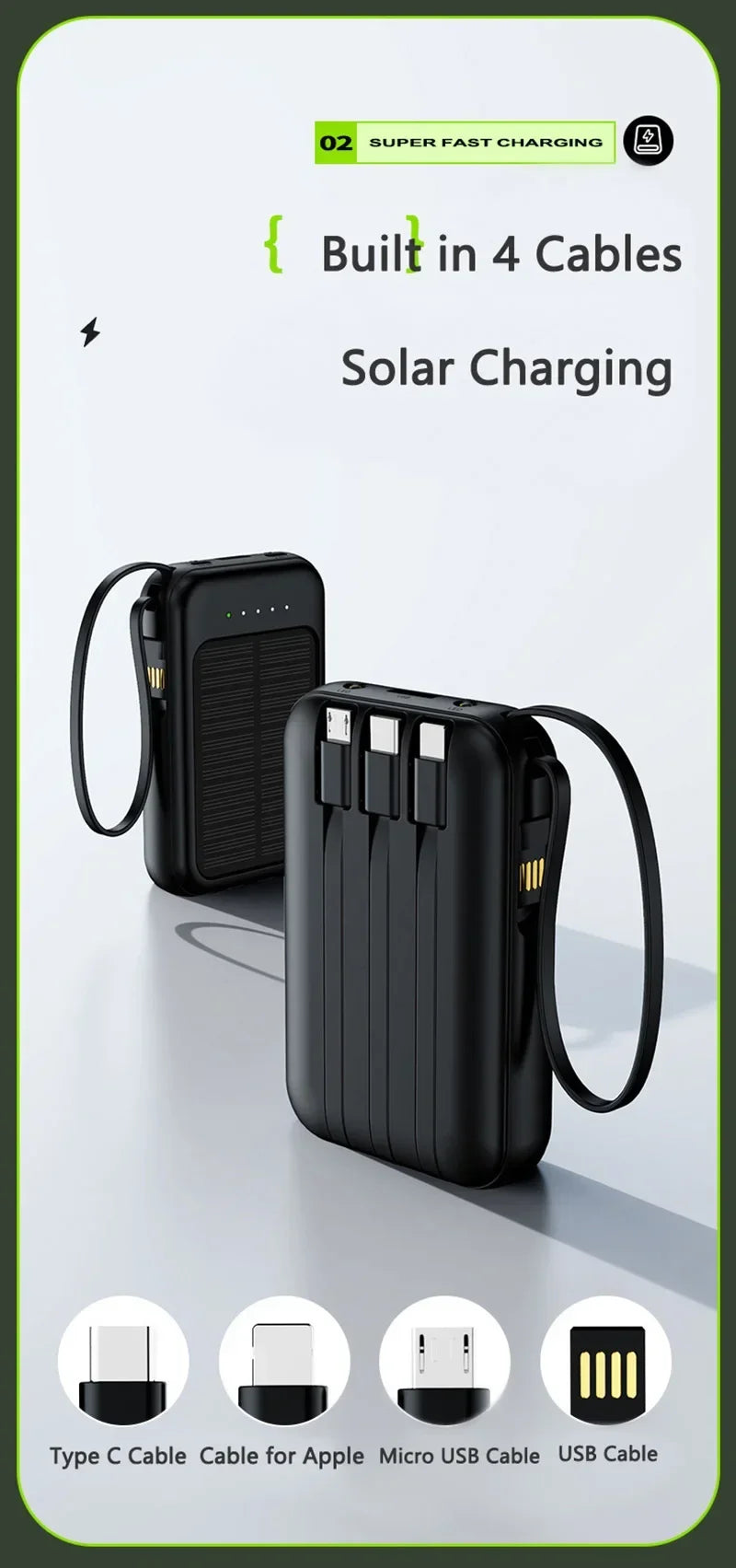 5000/10000/20000mAh High Capacity Solar Power Bank with Built-in Cables and LED Light