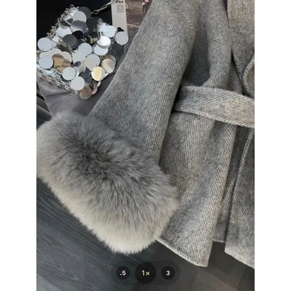 Women's Grey Wool Blend Overcoat with Faux Fur and Long Sleeves