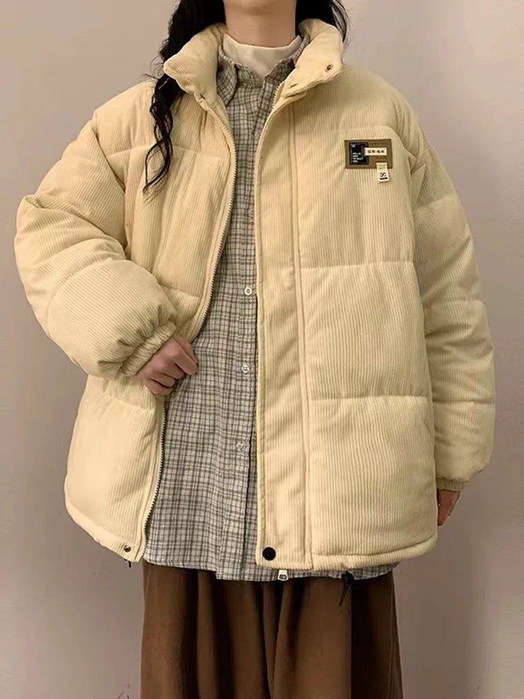 Överdimensionerad Corduroy Puffer Coat med fickor Varm och Retro Y2K Style