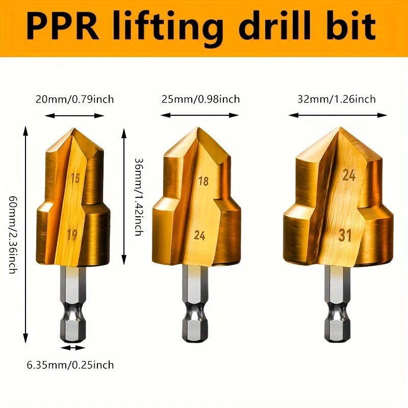 New 3Pcs PPR Lifting Bit, 20/25/32mm Titanium Step Drill Bit Set Hex Shank Hole Opener Tools, Drill Bits for Water Pipe Reaming