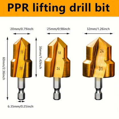 New 3Pcs PPR Lifting Bit, 20/25/32mm Titanium Step Drill Bit Set Hex Shank Hole Opener Tools, Drill Bits for Water Pipe Reaming