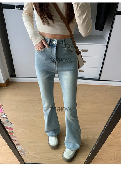 ZOENOVA Harajuku Street Casual Simple Solid Color Women's Jeans 2024 New Fashion Lady High Waist Slim VersatileMicro Flare Pants