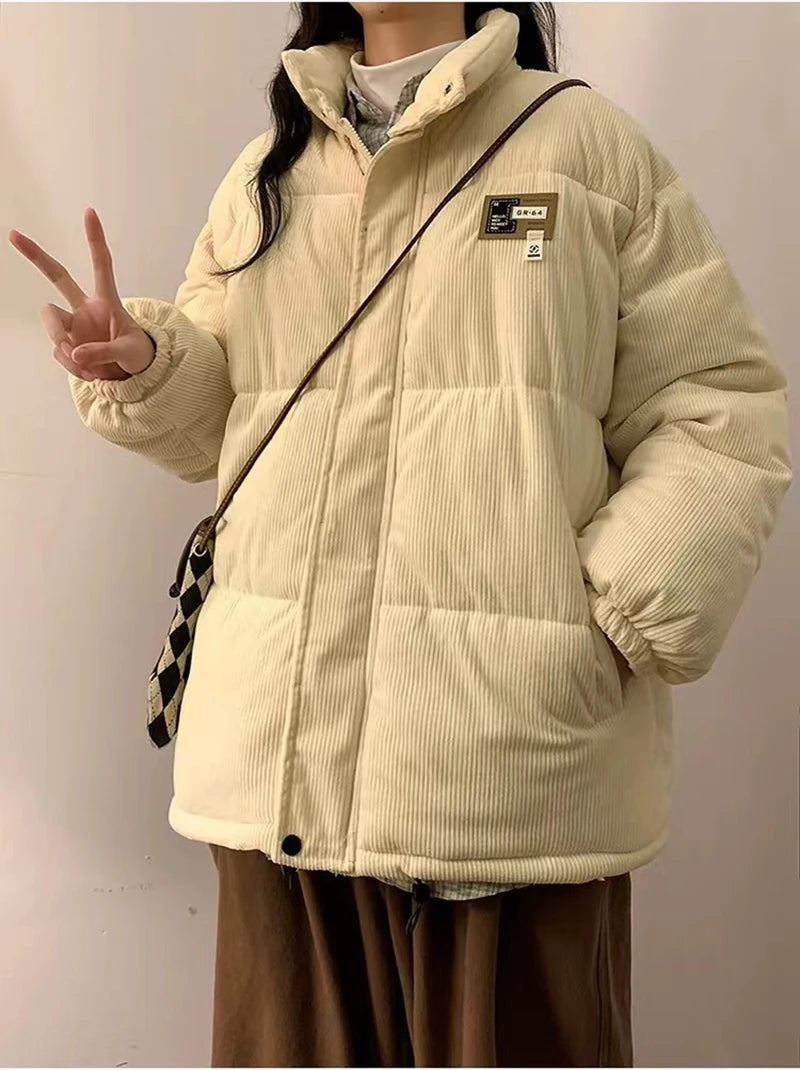 Överdimensionerad Corduroy Puffer Coat med fickor Varm och Retro Y2K Style