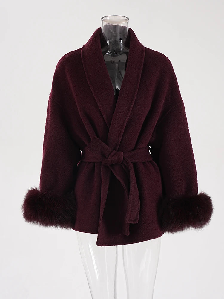 Wine Red Woolen Coat with Fur Cuffs and Belted Design