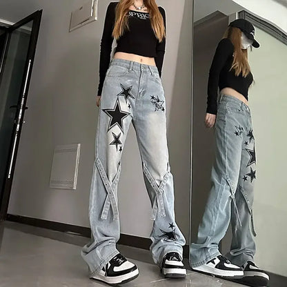 Damjeans med tryck Grafiskt mönster Stjärnbyxor vida ben Emo Vibrant Baggy R Rea Grunge Y2k AZ jeansbyxor för kvinnor