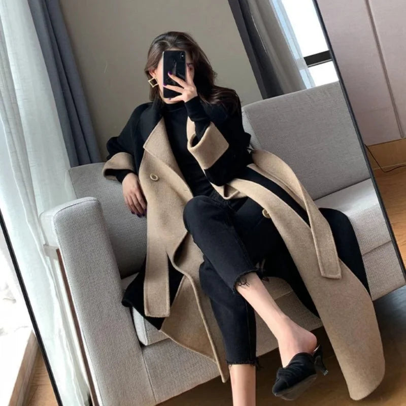 Elegant Long Cashmere Blend Overcoat with Slim Sashes