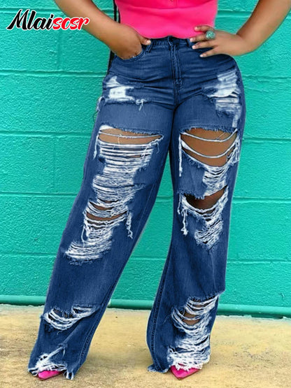 Mlaiscsr Sexy Hole Ripped Straight Jeans Women Button Pocket Loose Blue Denim Wide Leg Pants Trousers Streetwear Birthda Bottoms