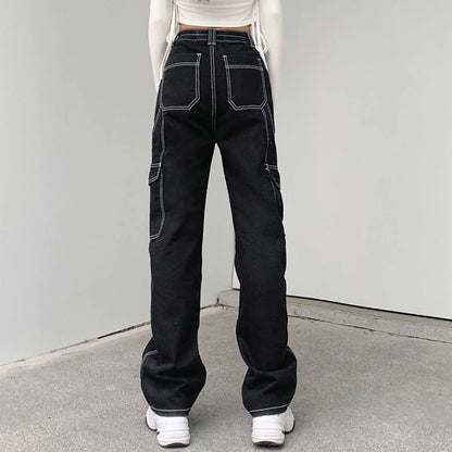 Baggy Black Wide Leg Jeans with Patchwork Pockets and Streetwear Style