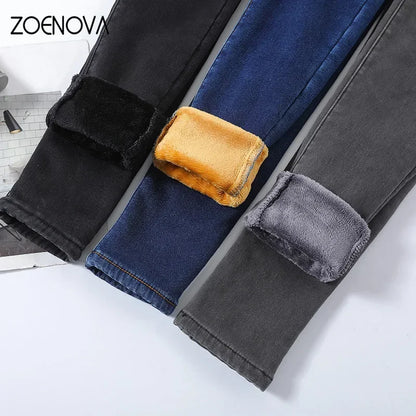 ZOENOVA  Women Thick Velvet Jeans Fleece  Warm Korean Fashion High Waist Skinny Elastic Pants Jean Casual Legging Winter 2023