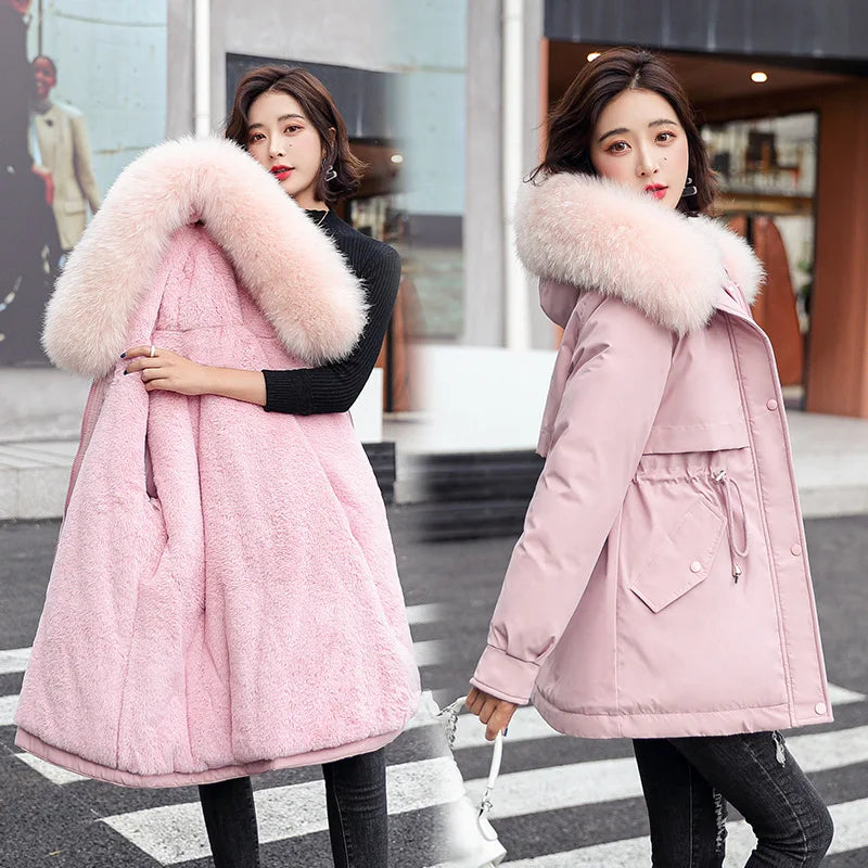 Hooded Long Parka with Wool Liner and Fur Collar Slim and Warm