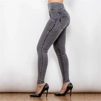 Shascullfites Melody High/Mid Waist Denim Jeans Faux Denim Skinny Super Elastic Snow Wash Faded Gray Jeans Full Length