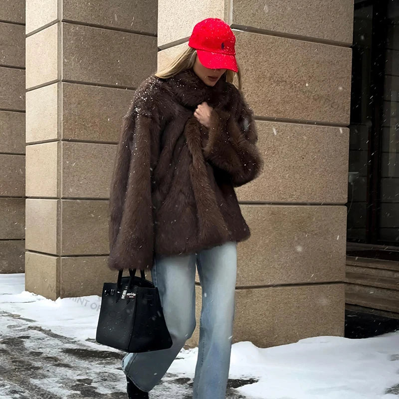 Fluffy Faux Fox Fur Coat Street Style and Warm