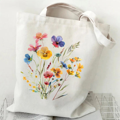 Boho Wildflowers Pattern Canvas Tote Bag – Retro Graphics Reusable Shopper Bag for Women, Stylish Cloth Handbag for Everyday Use