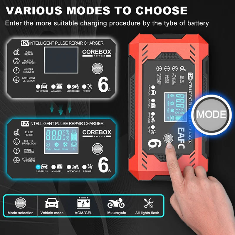 Bilbatteriladdare 6A 12V Bil- och motorcykelbatteriladdare Blybatteri Smart Repair LCD-skärm