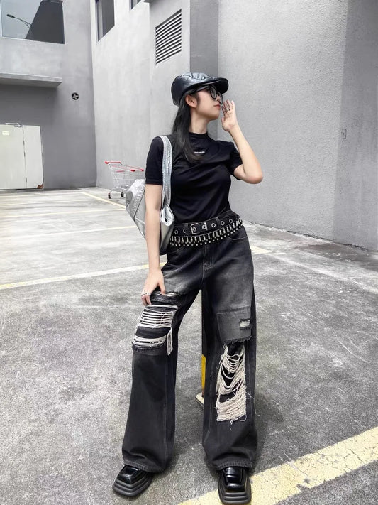 Svarta Baggy Ripped Jeans Gothic Y2K Estetisk Vintage Style