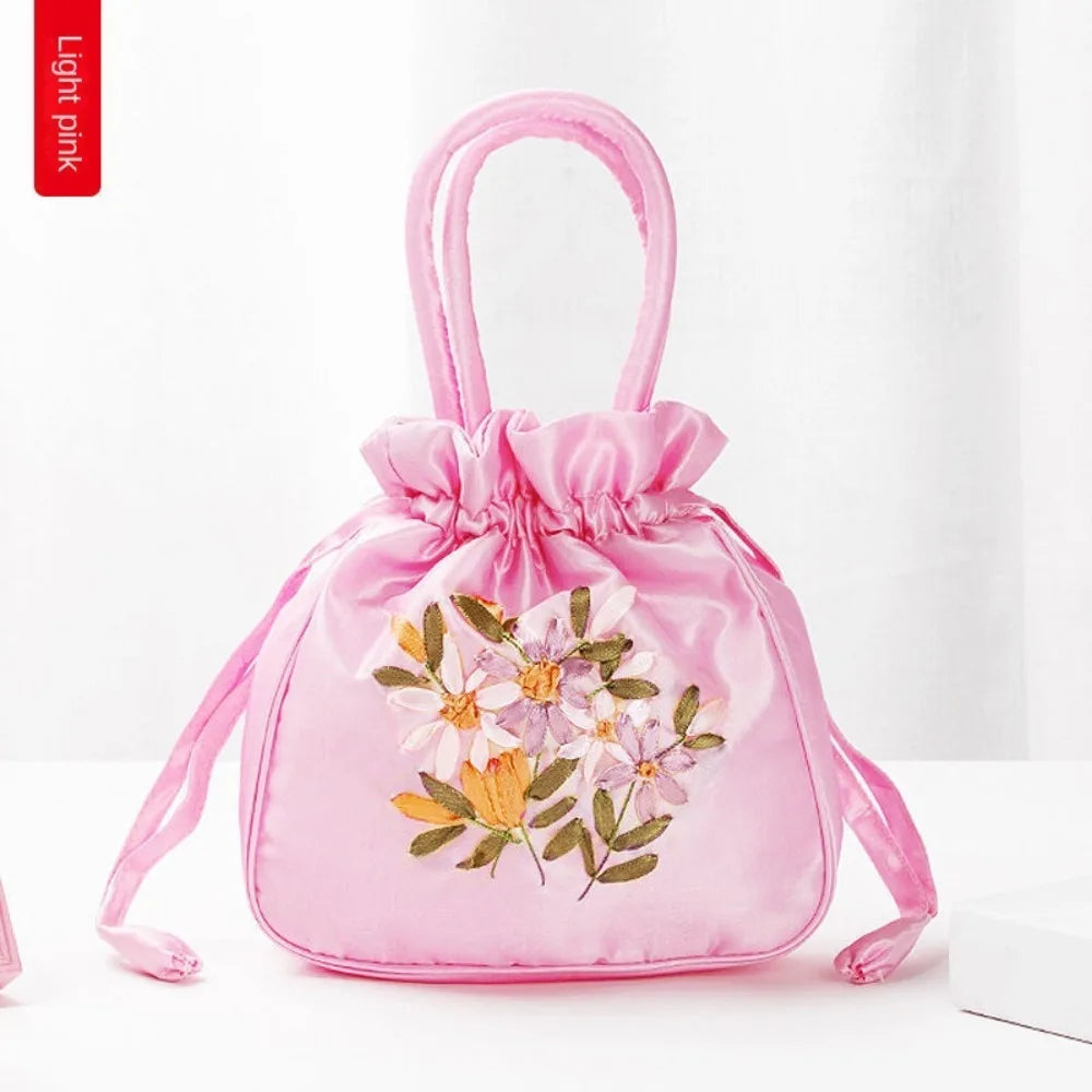 Small Women's Bucket Bag – Top Handle Ladies Handbag, Summer Purse with National Style Embroidered Flower Pattern and Drawstring Closure