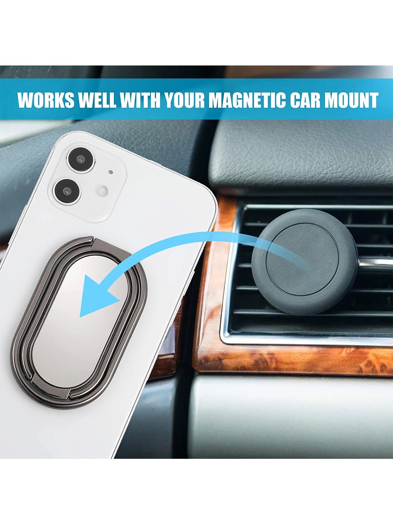 360-Degree Rotation Finger Ring Kickstand with Polished Metal Phone Grip for Magnetic Car Mount