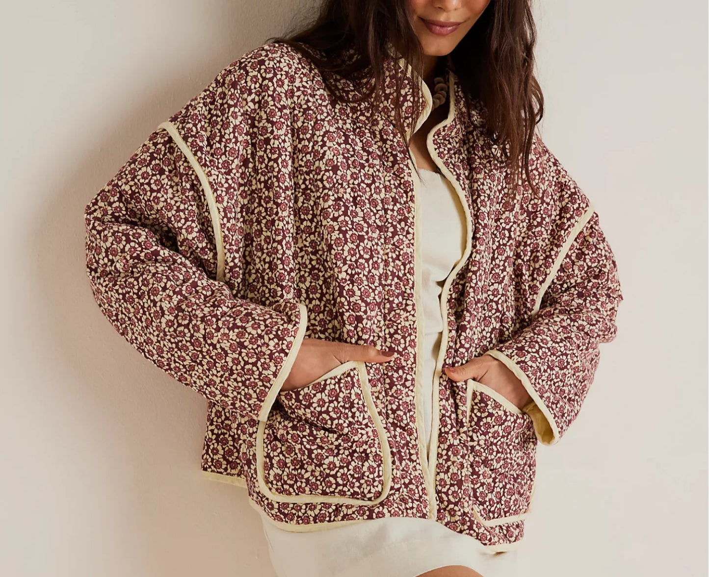 Floral Print Quilted Jacket with Stand Collar and Pockets Chic and Warm