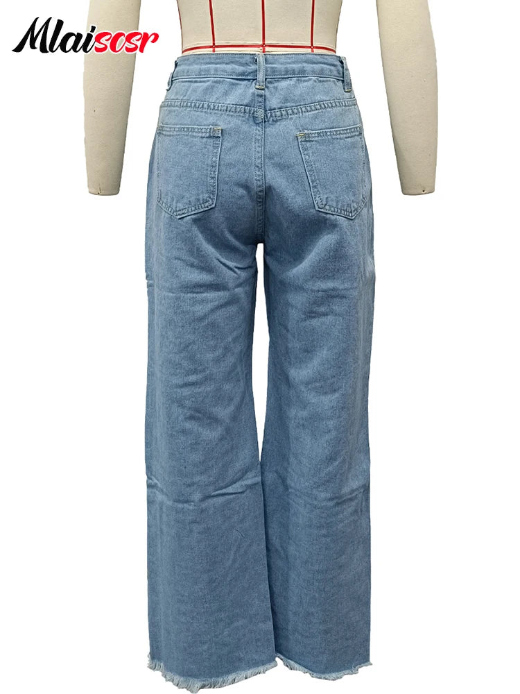 Mlaiscsr Sexigt hål slits raka jeans Dam Knappficka Lös Blå Denim Byxor med vida ben Byxor Streetwear Birthda Bottoms