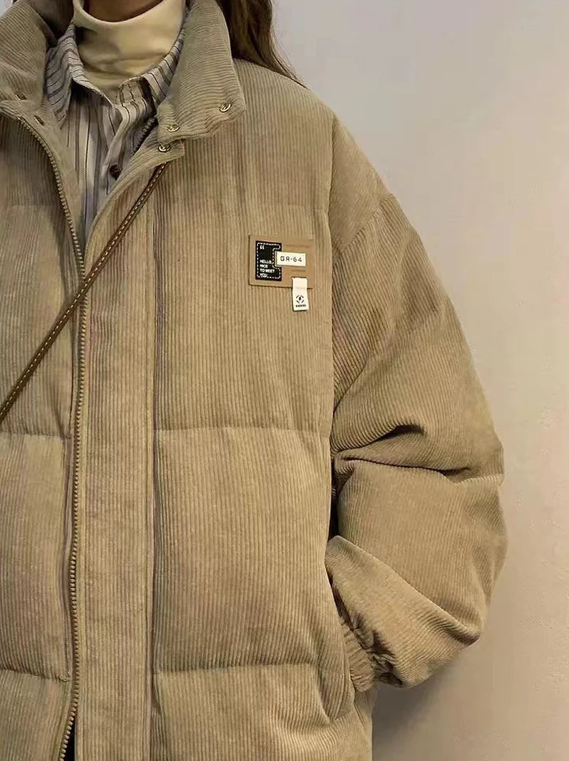 Överdimensionerad Corduroy Puffer Coat med fickor Varm och Retro Y2K Style