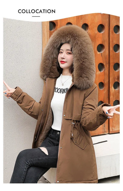 Hooded Long Parka with Wool Liner and Fur Collar Slim and Warm