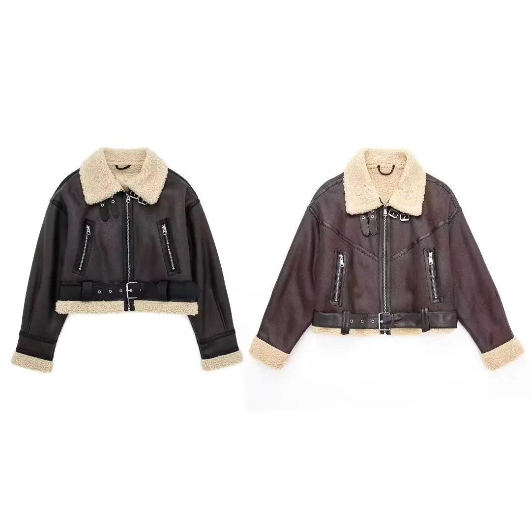 Faux Lamb Leather Moto Jacket with Belt Warm and Stylish