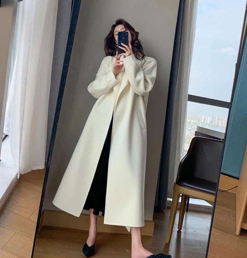 Women's White Midi Wool Blend Coat with Lace Up Design