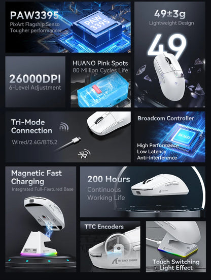 Shark X6 PAW3395 Bluetooth Mouse,Tri-Mode Connection,RGB Touch Magnetic Charging Base