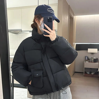 Women's Black Short Down Cotton Jacket Korean Style