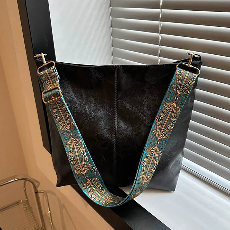 Bred geometrisk axelremsväska med stor kapacitet Crossbody-väskor för kvinnor, retro PU-läderväska för kvinnor för shoppingresor