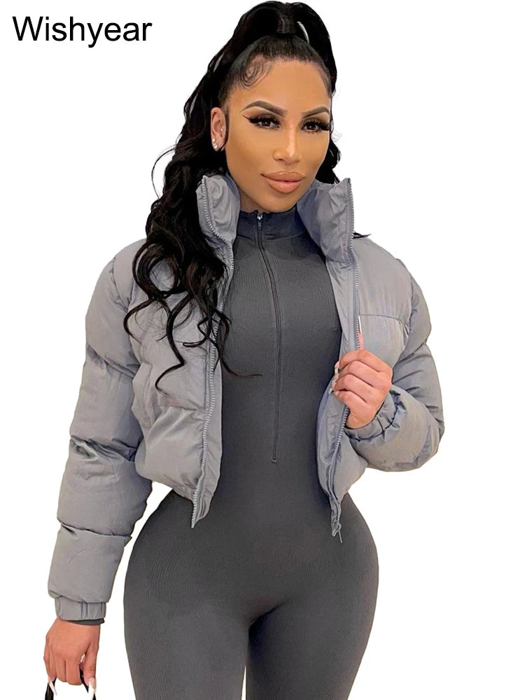 Women's Gray Short Puffer Jacket with Zipper