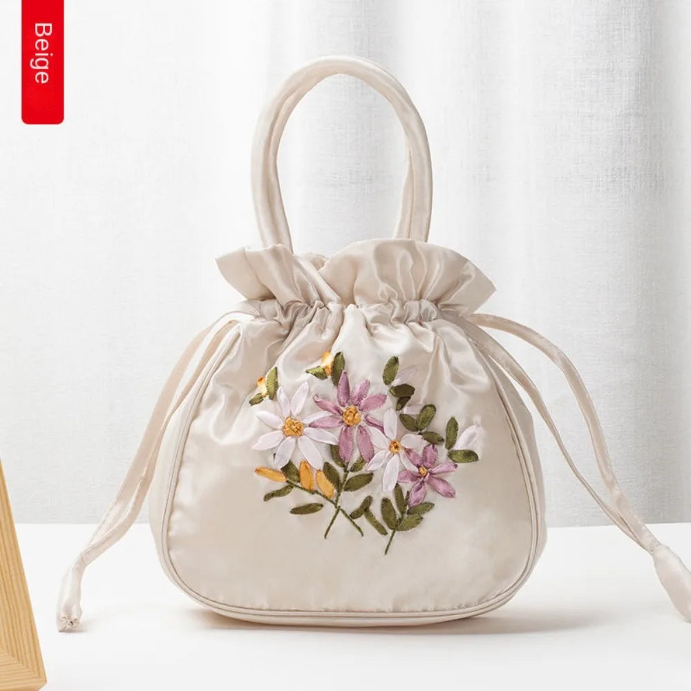 Small Women's Bucket Bag – Top Handle Ladies Handbag, Summer Purse with National Style Embroidered Flower Pattern and Drawstring Closure