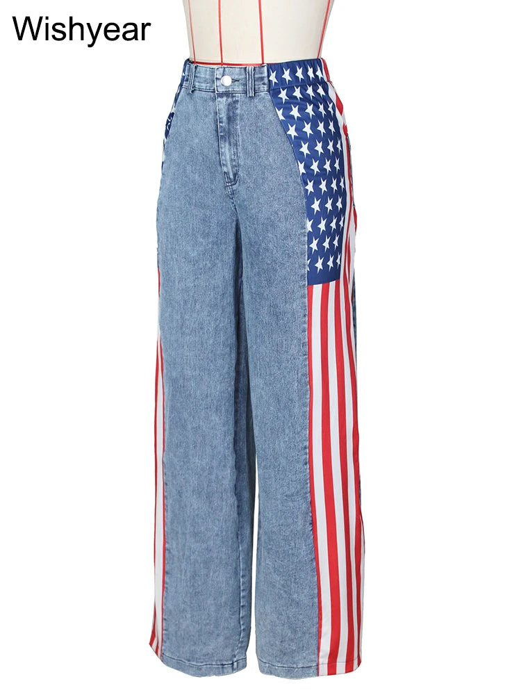 Wide Leg Baggy Jeans with High Waist and Stripe Patchwork Design