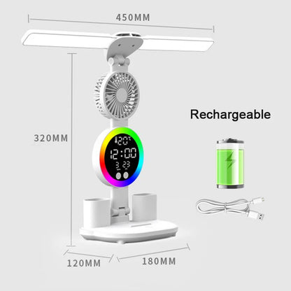 Rechargeable LED Table Lamp with Fan – Desk Reading Light, Night Light, and Clock Display