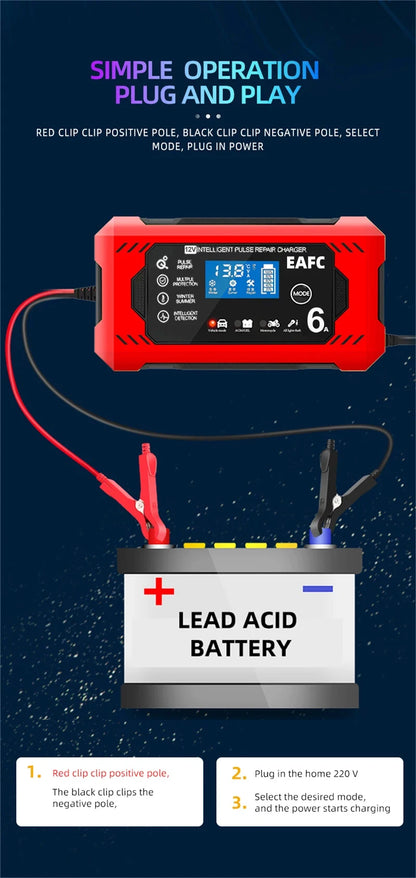 Car Battery Charger 6A 12V Car and Motorcycle Battery Charging Device Lead-acid Battery Smart Repair LCD Display