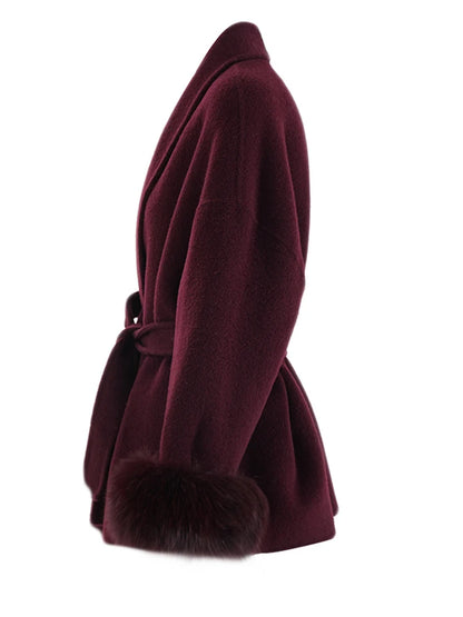 Wine Red Woolen Coat with Fur Cuffs and Belted Design