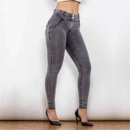 Shascullfites Melody High/Mid Waist Denim Jeans Faux Denim Skinny Super Elastic Snow Wash Faded Gray Jeans Full Length